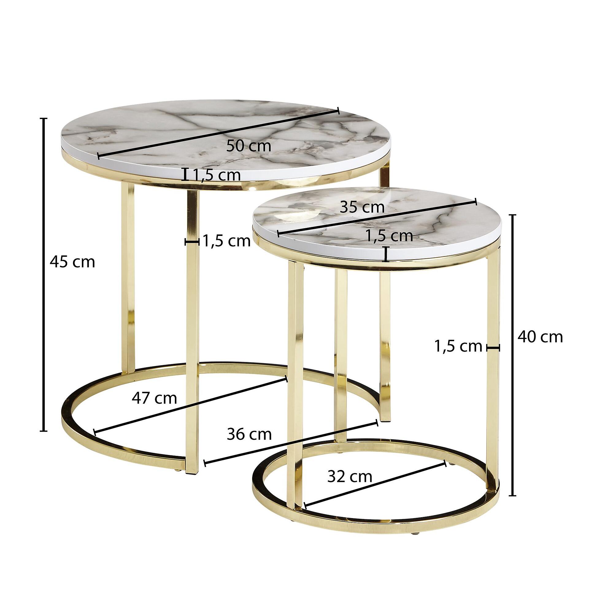 Wohnling Couchtisch 2er-Set. weiß Marmor gold MDF Stahl