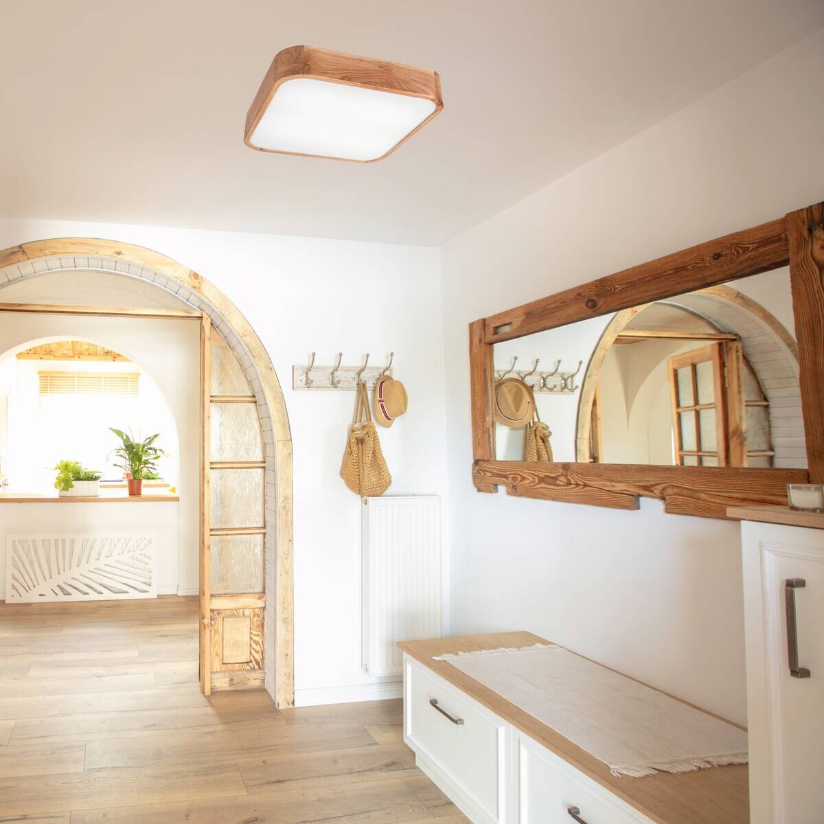 Lamkur Deckenleuchte GASPAR 48888 Eiche Eiche Holz Glas H/L: ca. 8x45 cm E27 4 Brennstellen