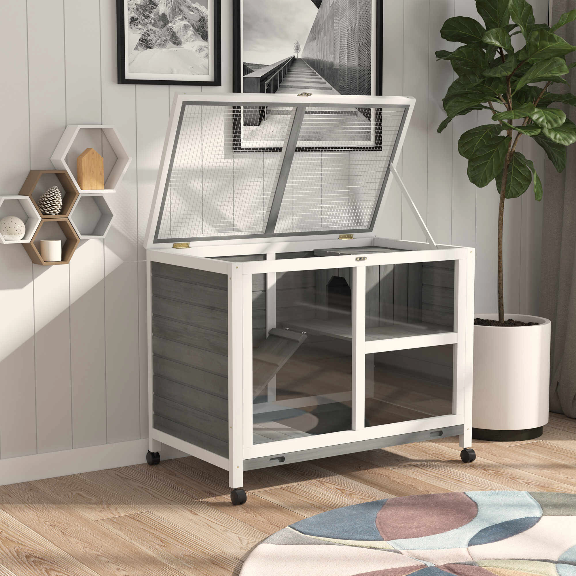 PawHut Kleintierhaus grau Holz B/H/L: ca. 53,3x73x91,5 cm