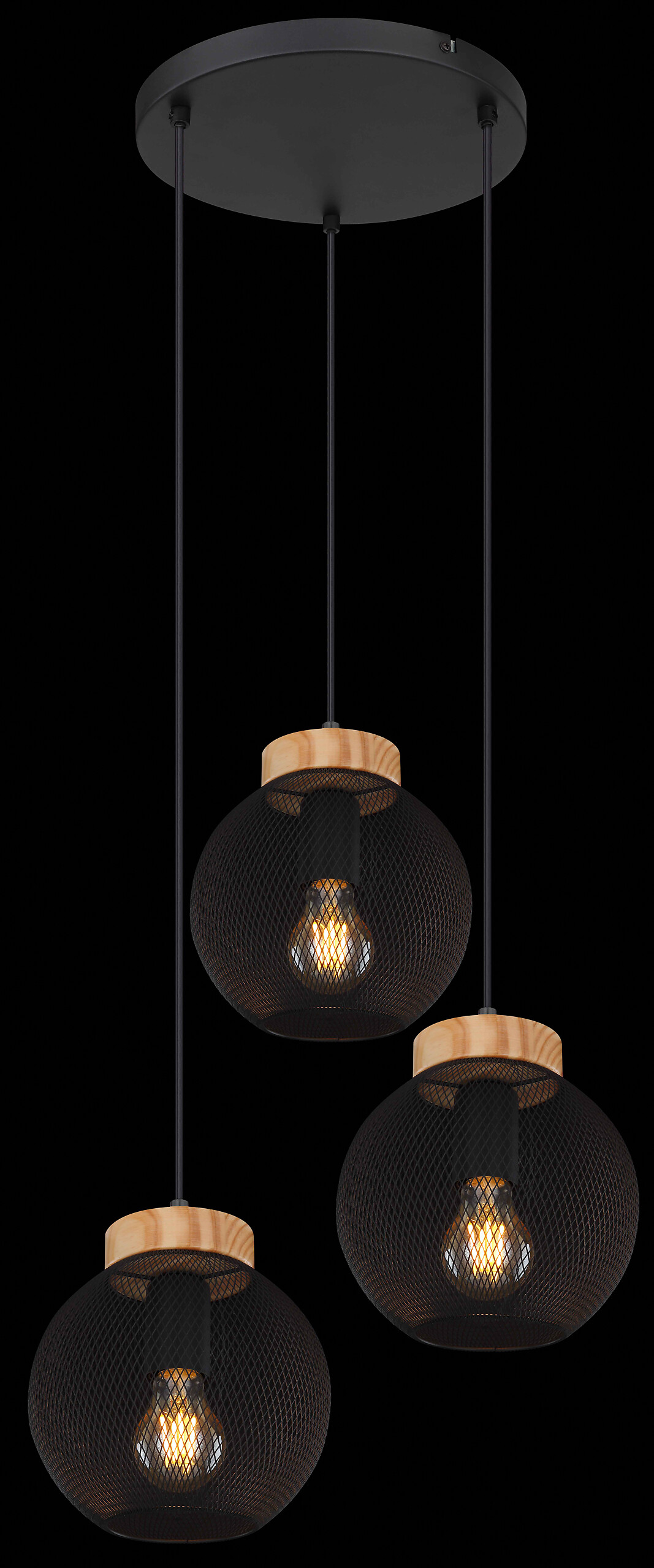 GLOBO Pendelleuchte Pablo schwarz natur Metall Holz H/D: ca. 120x44 cm E27 3 Brennstellen