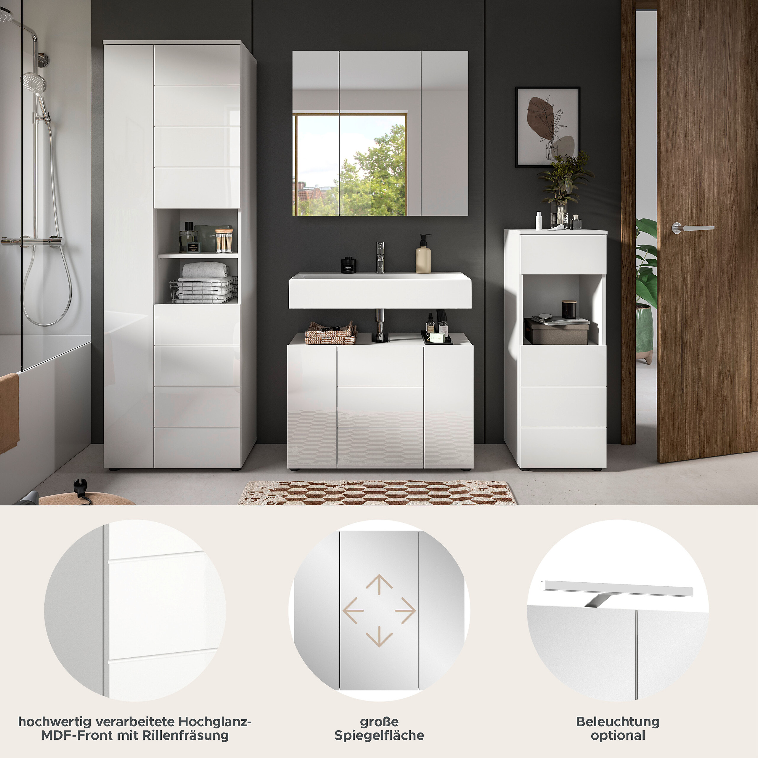 Badezimmer-Set VIRA weiß weiß Hochglanz B/H/T: ca. 210x190x34 cm