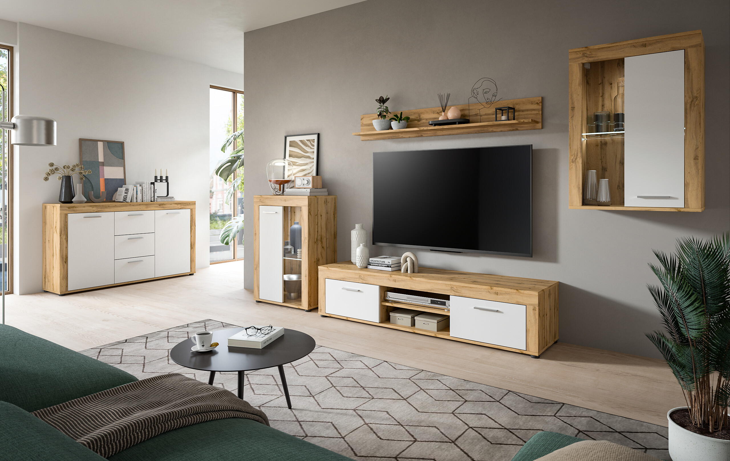 Wohnwand Jam Eiche Wotan Nachbildung weiß B/H/T: ca. 310x169x35 cm Wohnwand Jam Eiche Wotan Nachbildung weiß B/H/T: ca. 310x169x35 cm