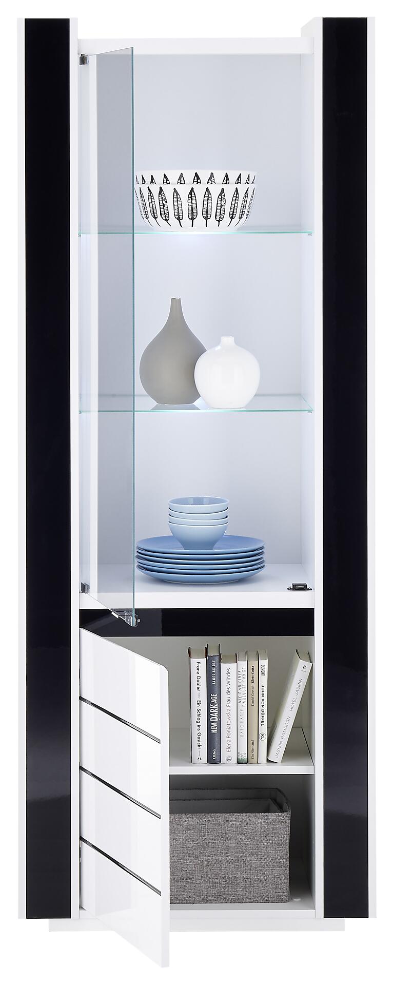 Vitrine Savona weiß Hochglanz schwarz Hochglanz B/H/T: ca. 73x185x45 cm