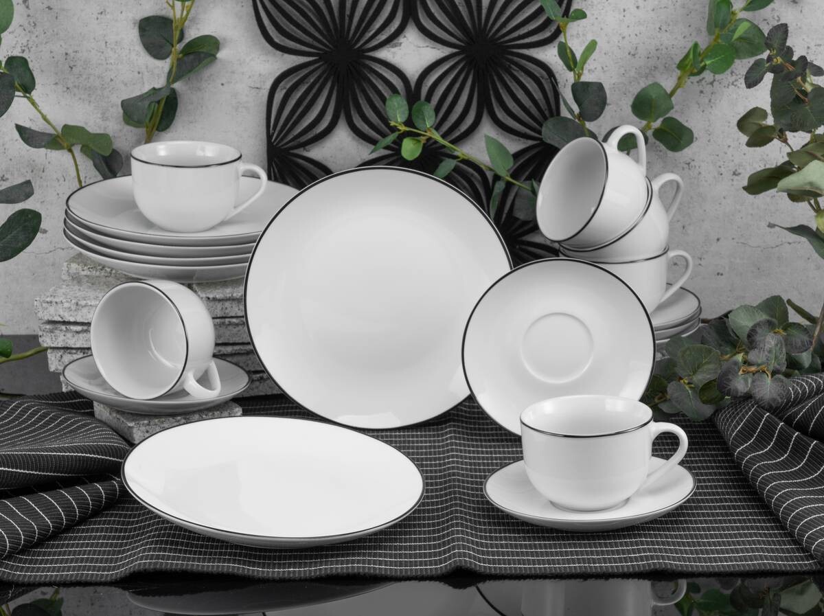 CreaTable Kaffeeservice Luna Black Line weiß Porzellan 18 tlg.