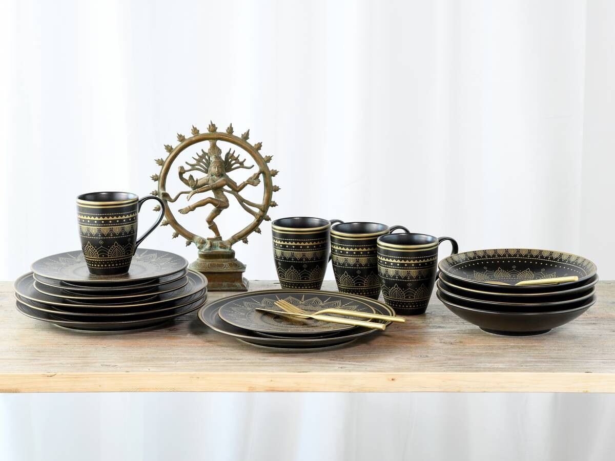CreaTable Kombiservice MANDALA GOLD schwarz Steinzeug 16 tlg.