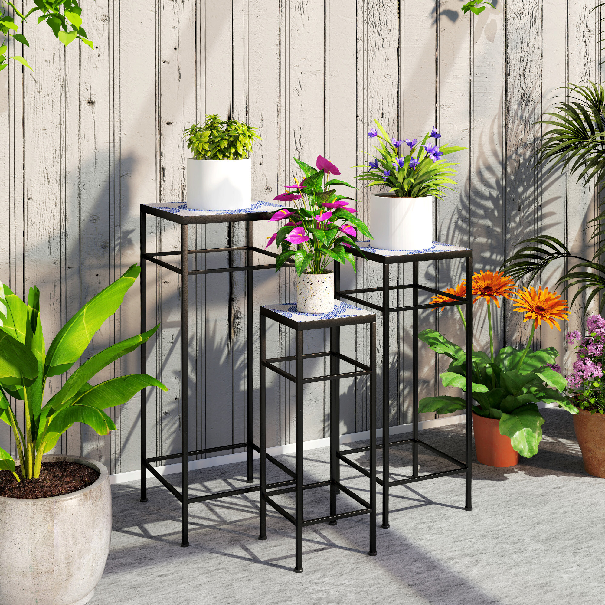 Outsunny Pflanzenständer 3er Set blau Metall B/H/L: ca. 28x71x28 cm