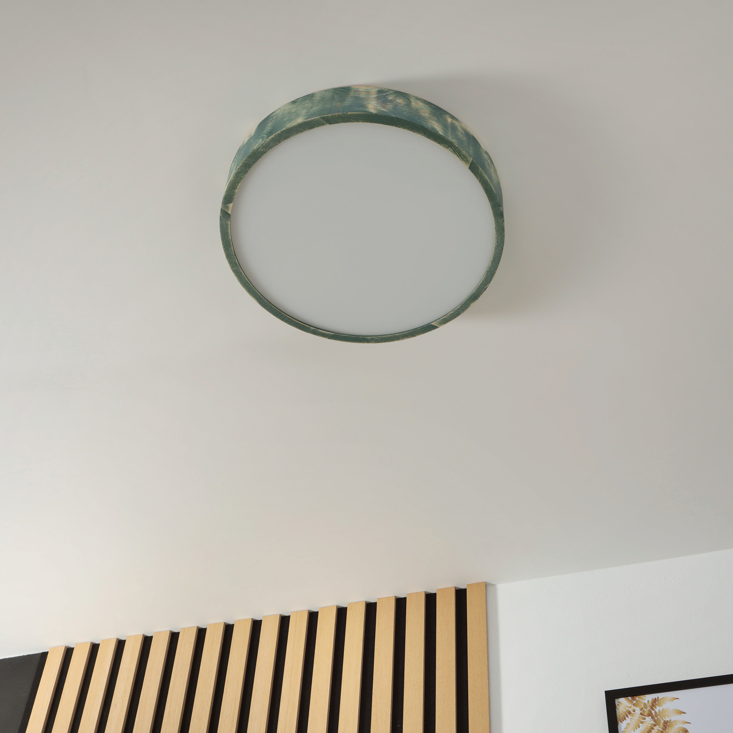 Lamkur Deckenleuchte hellbraun grün Glas Holz B/H/L: ca. 48x48x10 cm 3 Brennstellen