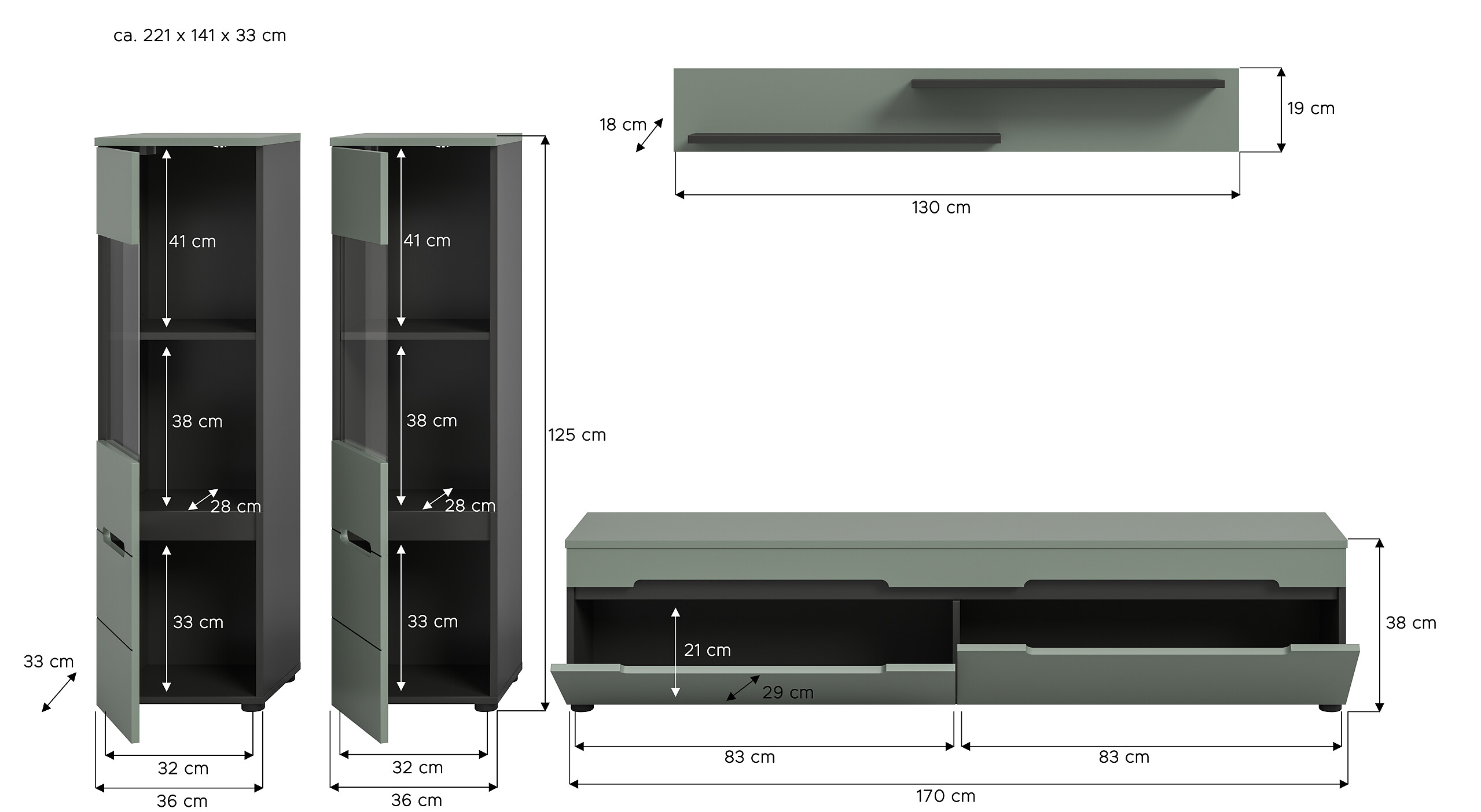 Wohnwand Canu grün basaltgrau Nachbildung B/H/T: ca. 272x141x33 cm