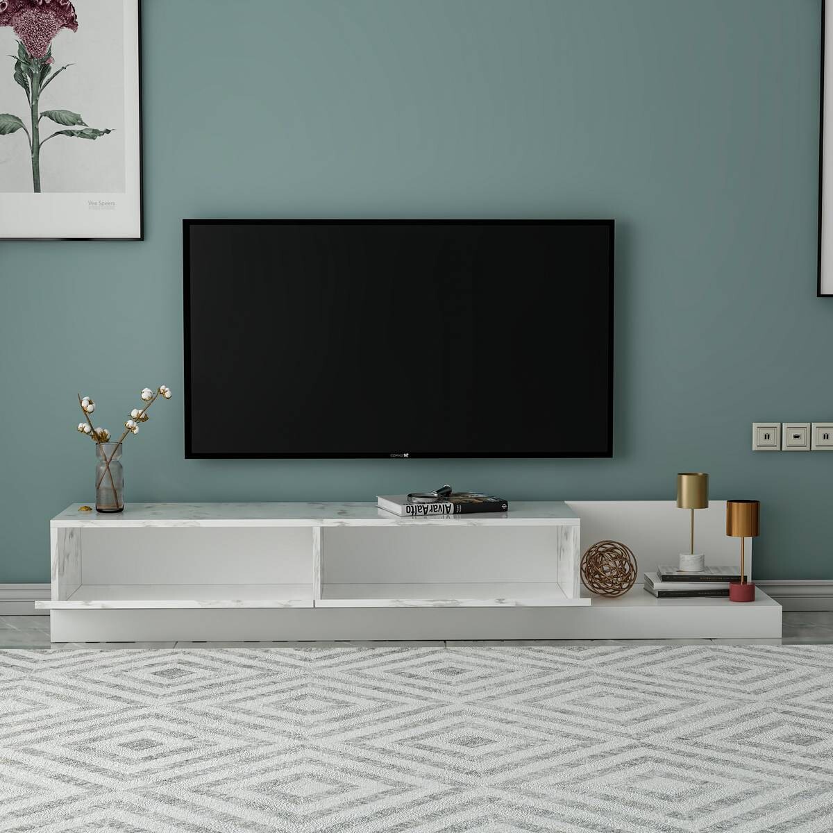 TV-Lowboard Majör weiß Marmoroptik B/H/T: ca. 180x30x37 cm