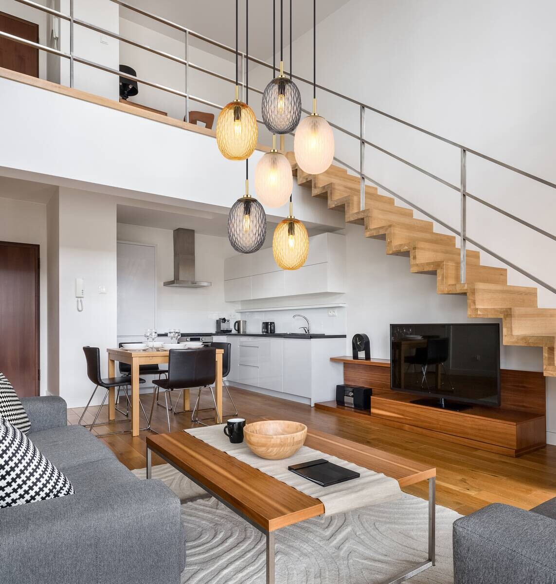 GLOBO Pendelleuchte Rauch gold schwarz Metall Glas Textil H/D: ca. 120x47 cm E14 6 Brennstellen