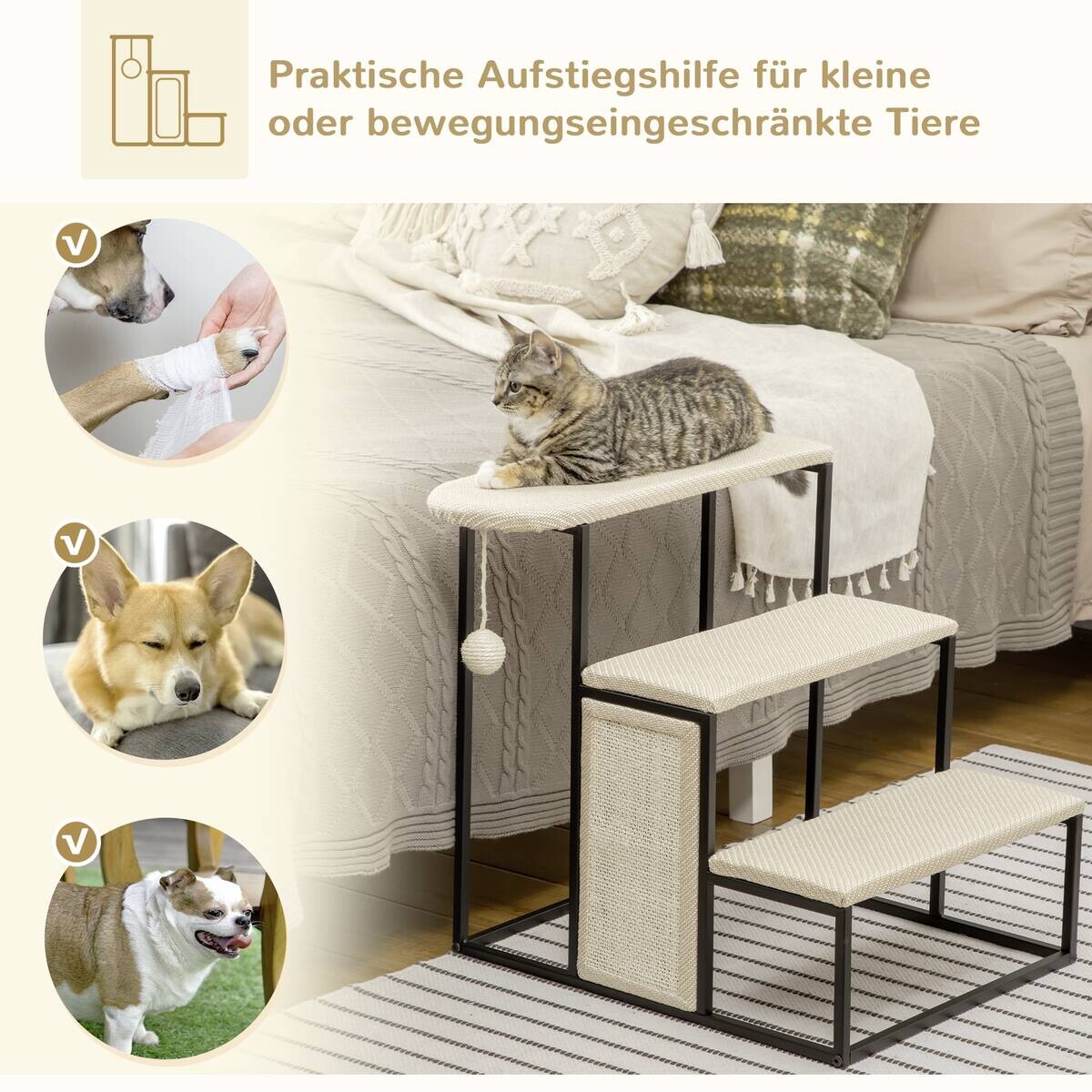PawHut 3-stufige Haustiertreppe mit Kratzbrett schwarz Edelstahl B/H/L: ca. 54x51x53 cm