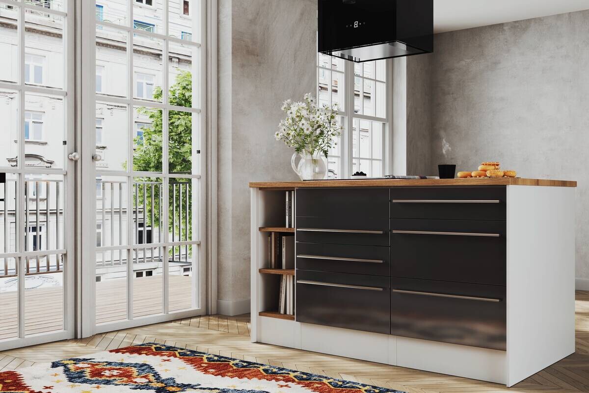 Respekta Inselküche Gabriel grau Hochglanz B/H/T: ca. 290x200x60 cm