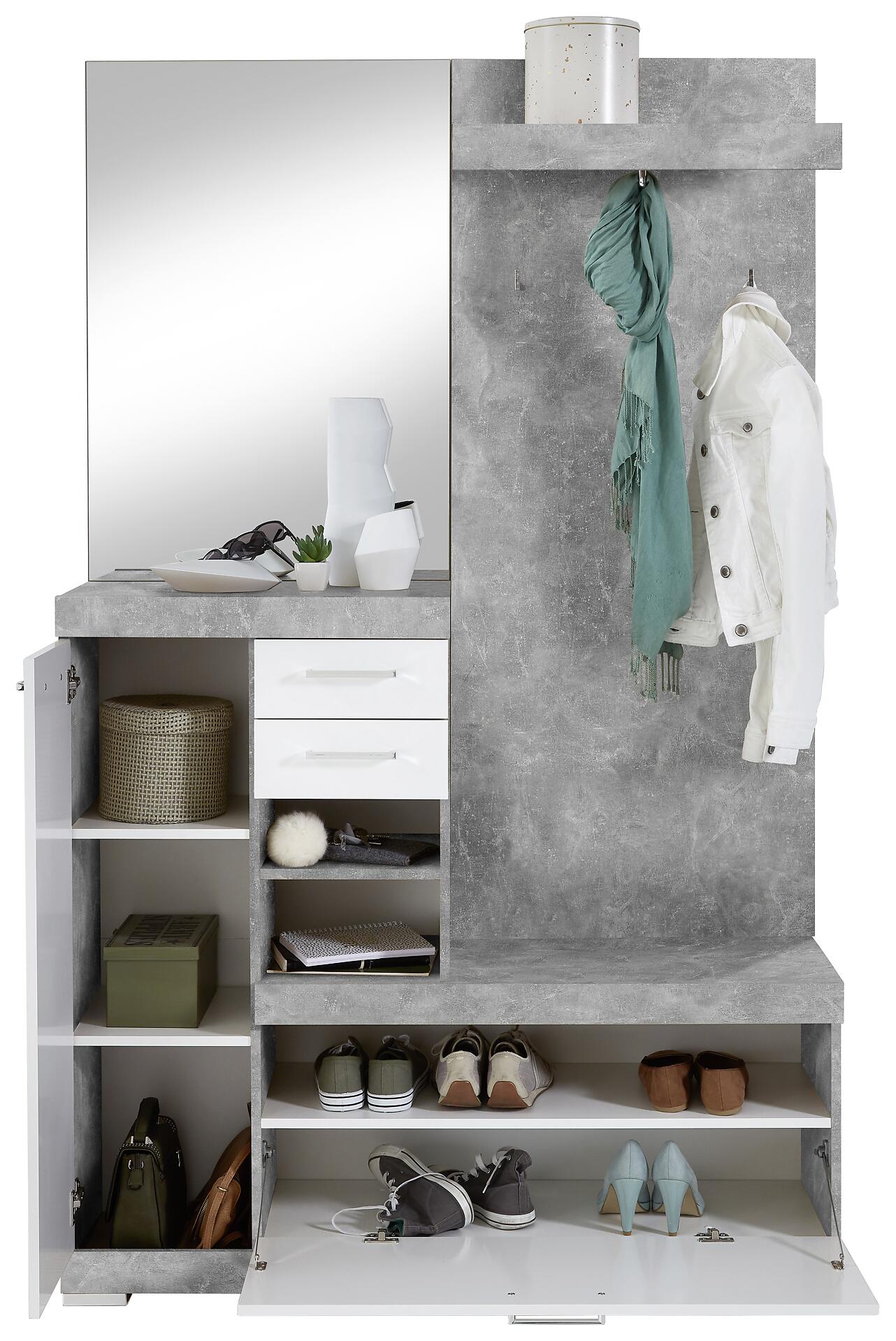 Garderobe  Beton Optik weiß glänzend B/H/T: ca. 120x193,5x35,5 cm
