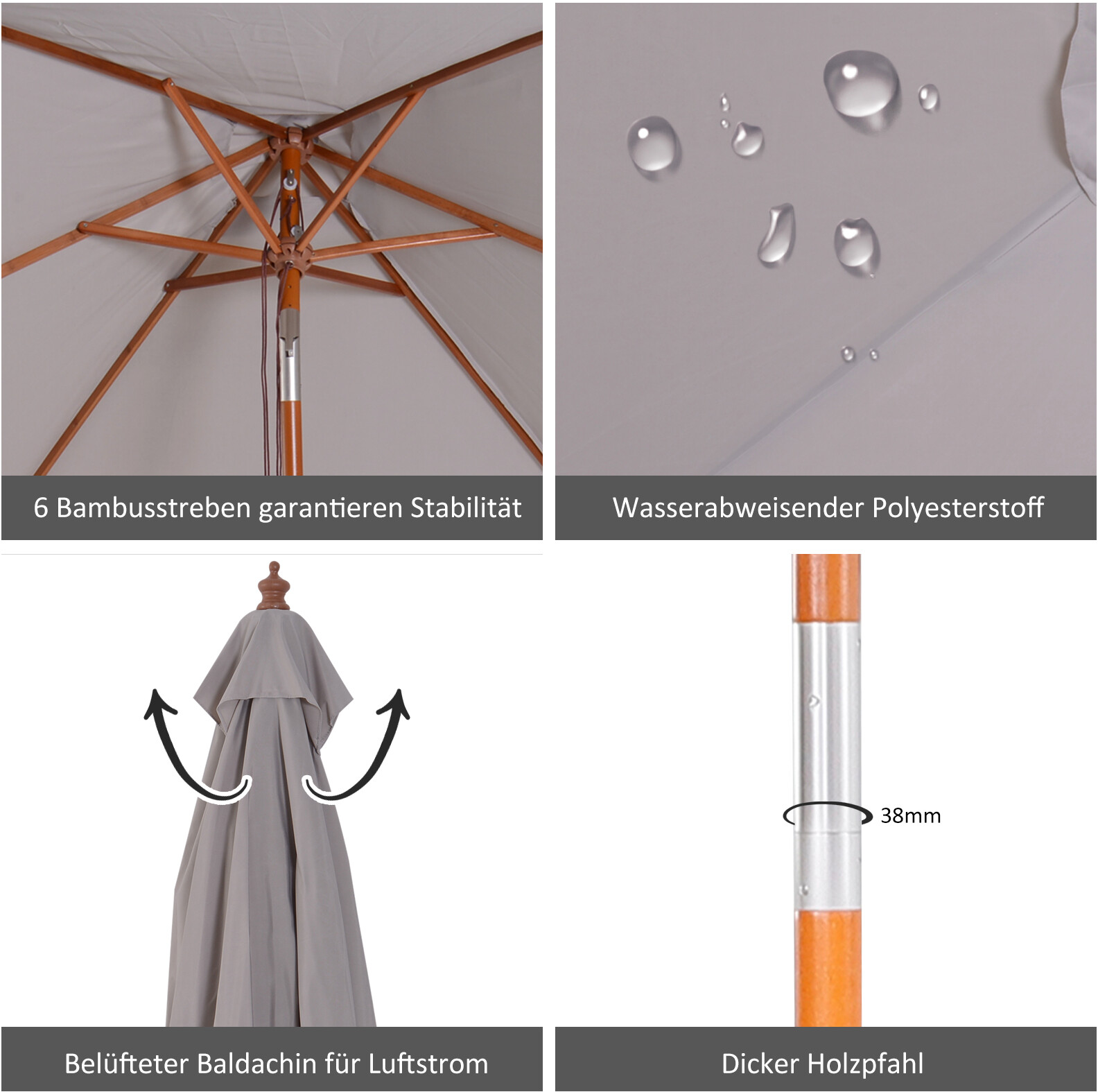 Outsunny Sonnenschirm grau Holz B/H/L: ca. 150x230x200 cm
