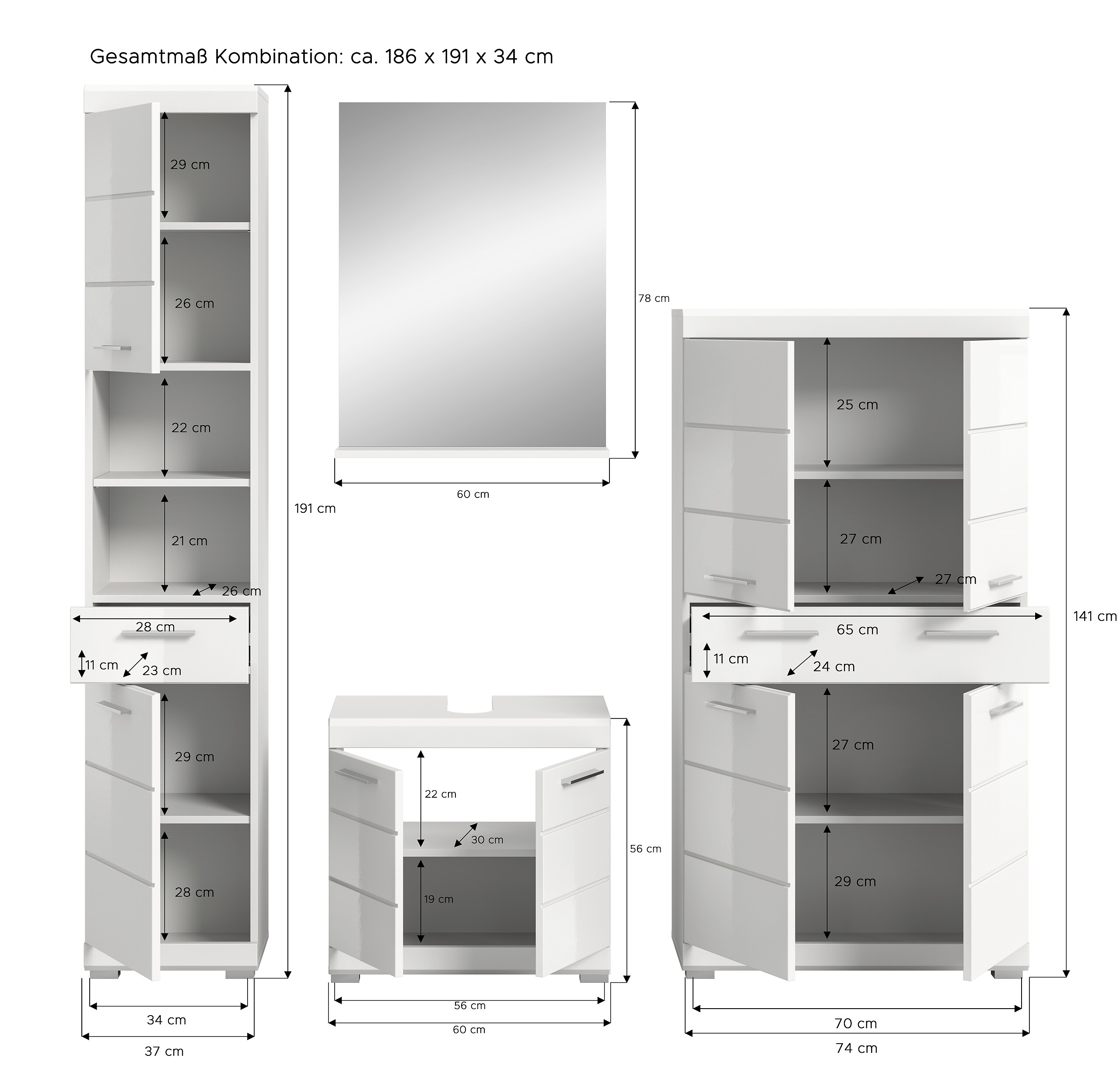Badezimmer-Set Scout weiß weiß Hochglanz B/H/T: ca. 186x191x34 cm