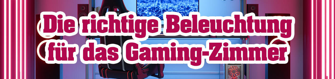 Roter Schriftzug 'Die richtige Beleuchtung für das Gaming-Zimmer' vor Hintergrund mit Gaming-Stuhl und LED-Lichtleisten.