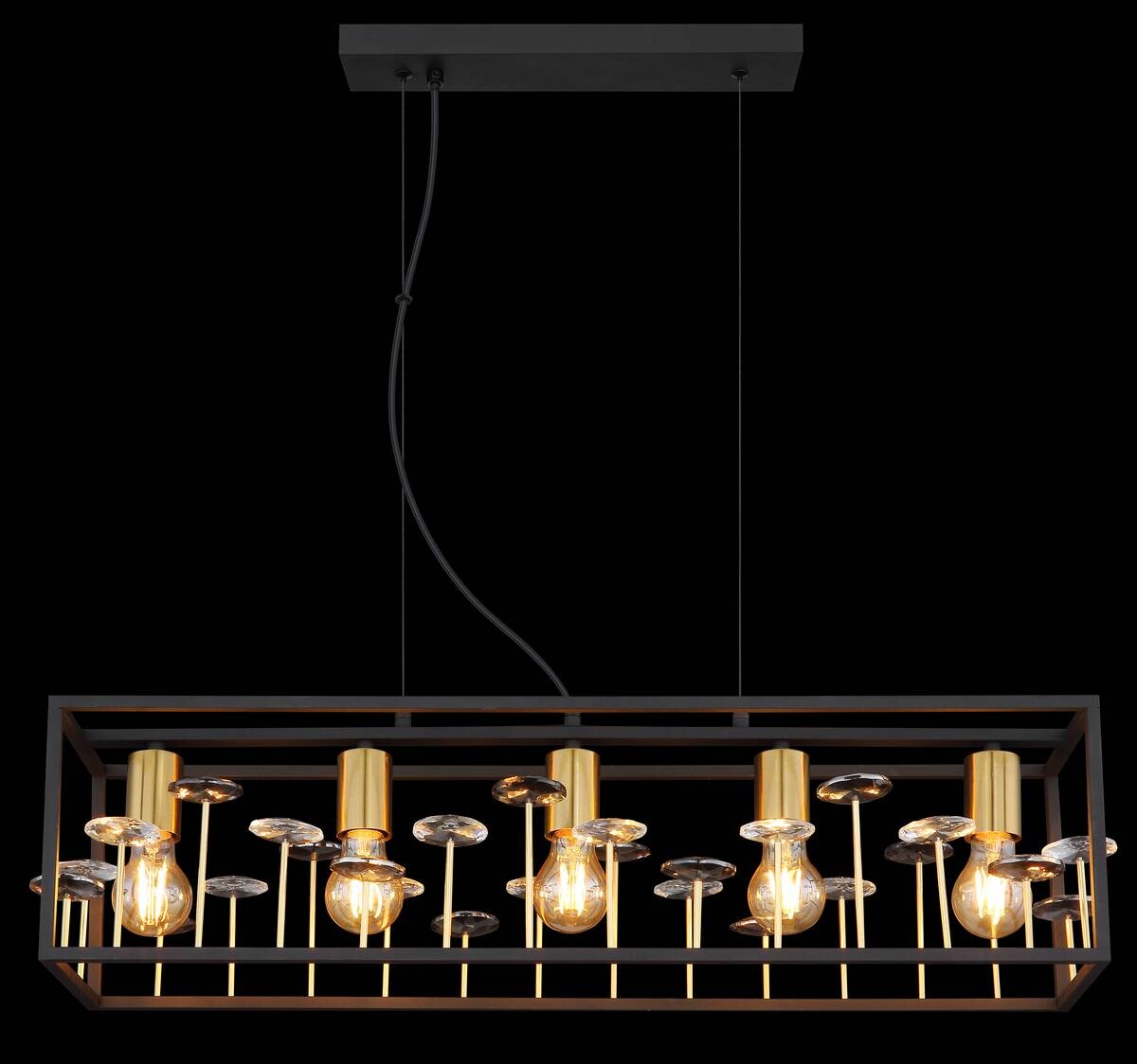 GLOBO Pendelleuchte LISBON 15644H1 gold Rauch mattschwarz Metall Glas B/H/L: ca. 77x120x18 cm E27 5 Brennstellen