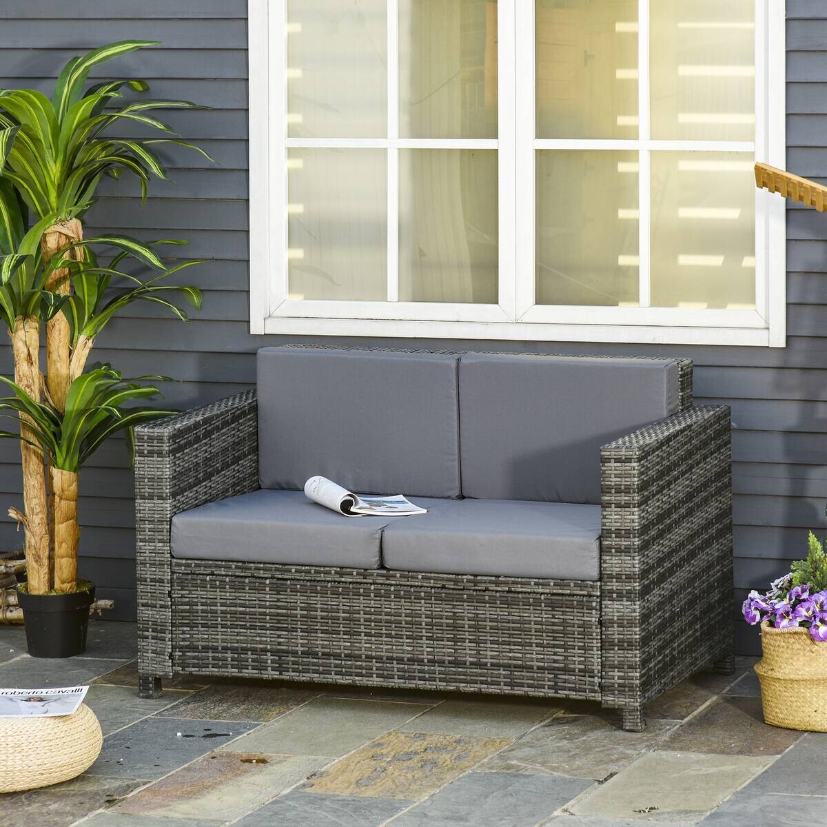 Outsunny Gartensofa grau Polyrattan B/H/L: ca. 70x130x80 cm