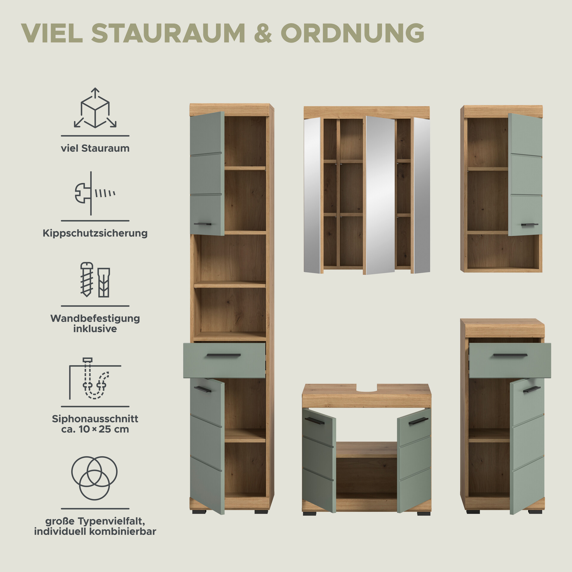 Badezimmer-Set Scout Eiche Artisan Nachbildung salbei Nachbildung B/H/T: ca. 164x191x34 cm