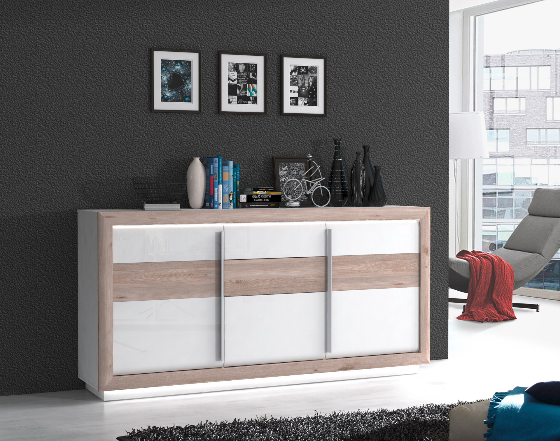 Sideboard  weiß weiß Hochglanz Eiche Nelson Nachbildung B/H/T: ca. 192,7x98,2x53 cm