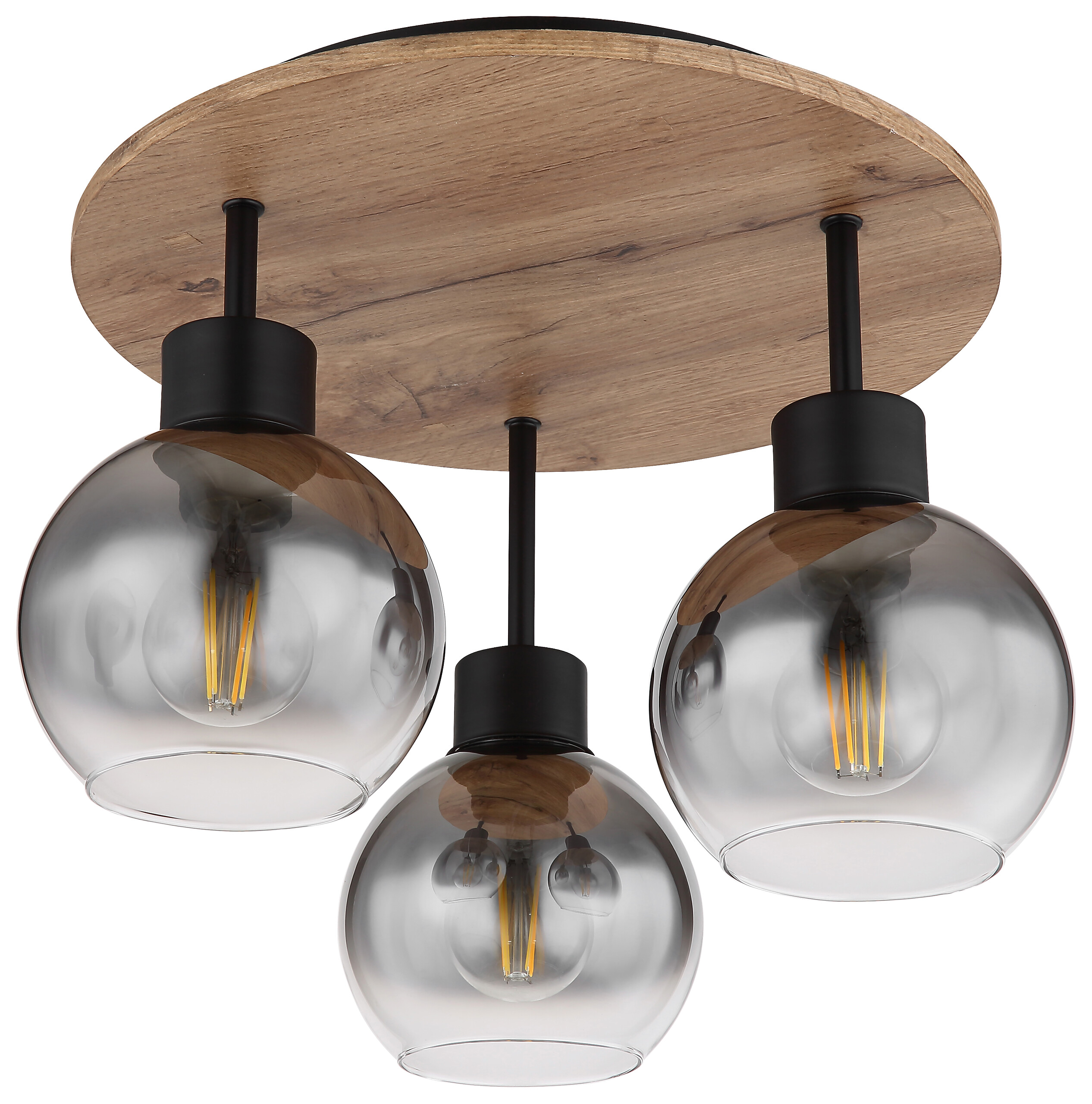 GLOBO Deckenleuchte 15656-3DR Rauch schwarz natur klar Glas Metall MDF H/D: ca. 38x38 cm E27 3 Brennstellen