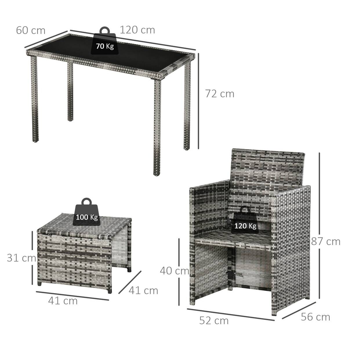 Outsunny Sitzgruppe grau Glas B/H/L: ca. 60x120x72 cm