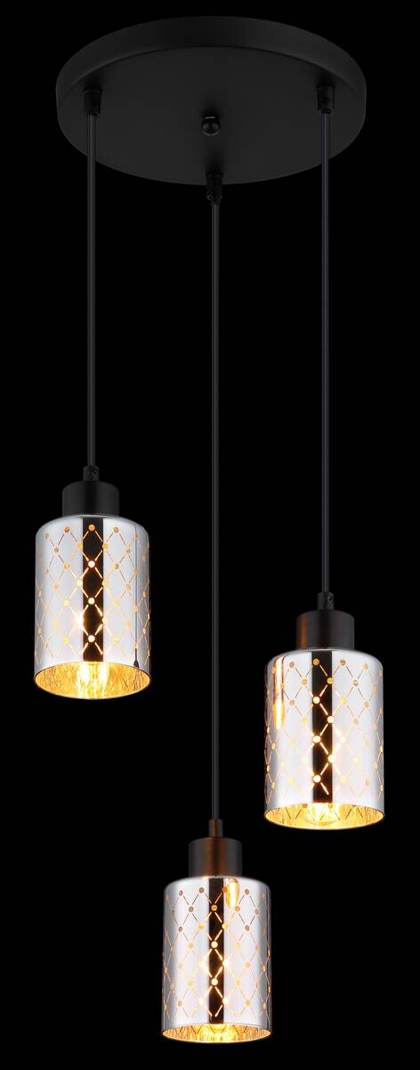 GLOBO Hängeleuchte mattschwarz klar Chrom Metall PVC Glas H/D: ca. 120x29 cm E27 3 Brennstellen