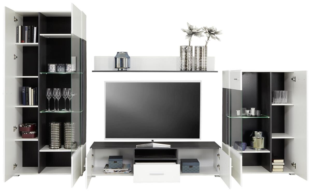 Wohnwand Concerto weiß Hochglanz schwarz B/H/T: ca. 308x190x41 cm