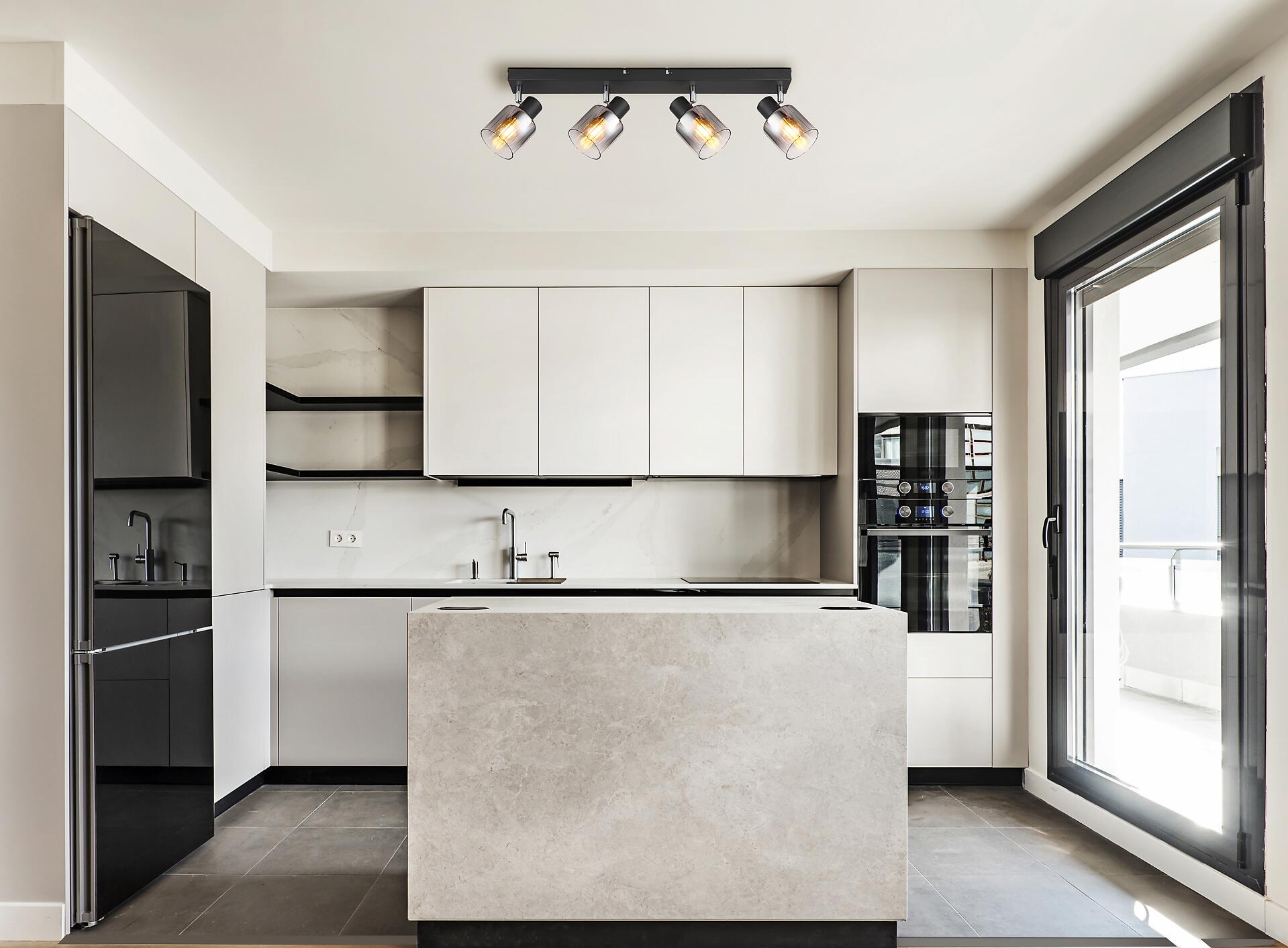 GLOBO Spot Jack Rauch schwarz klar Metall Glas B/H/L: ca. 56x13,5x8 cm E14 4 Brennstellen