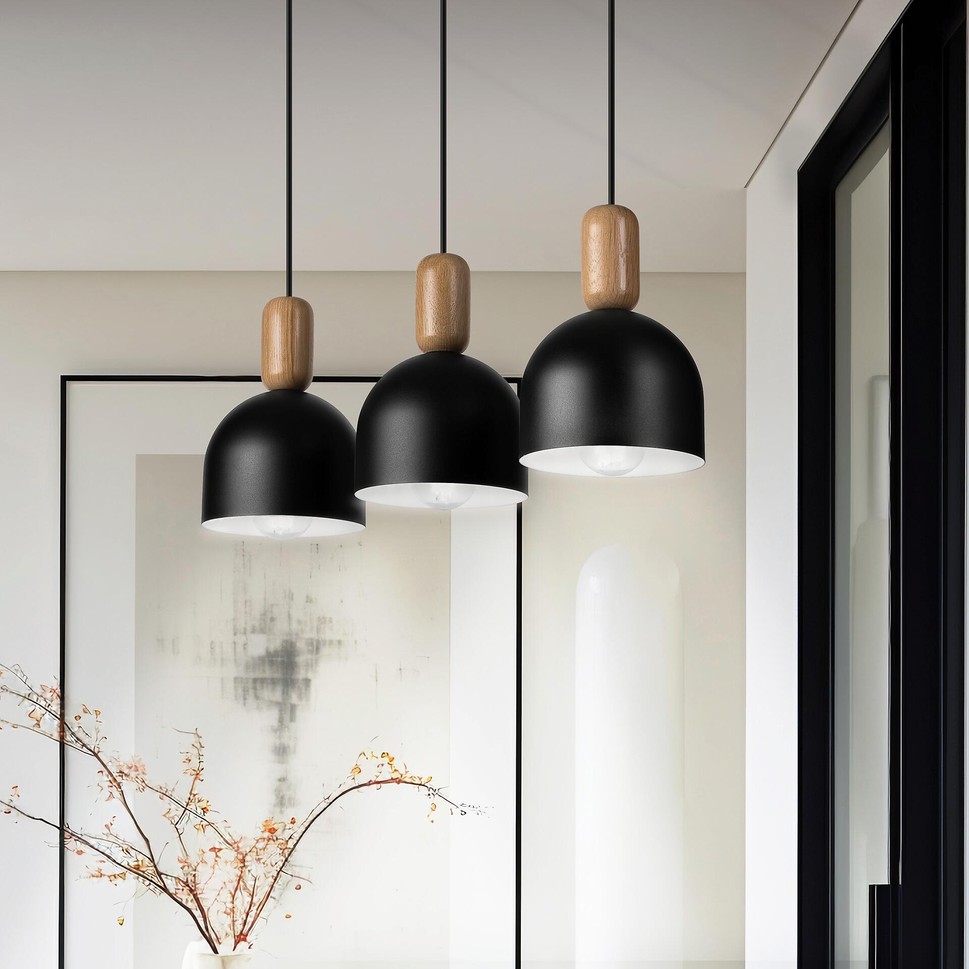 Lamkur Hängeleuchte schwarz Eiche Stahl Holz B/H/L: ca. 15,5x85x59 cm E27 3 Brennstellen