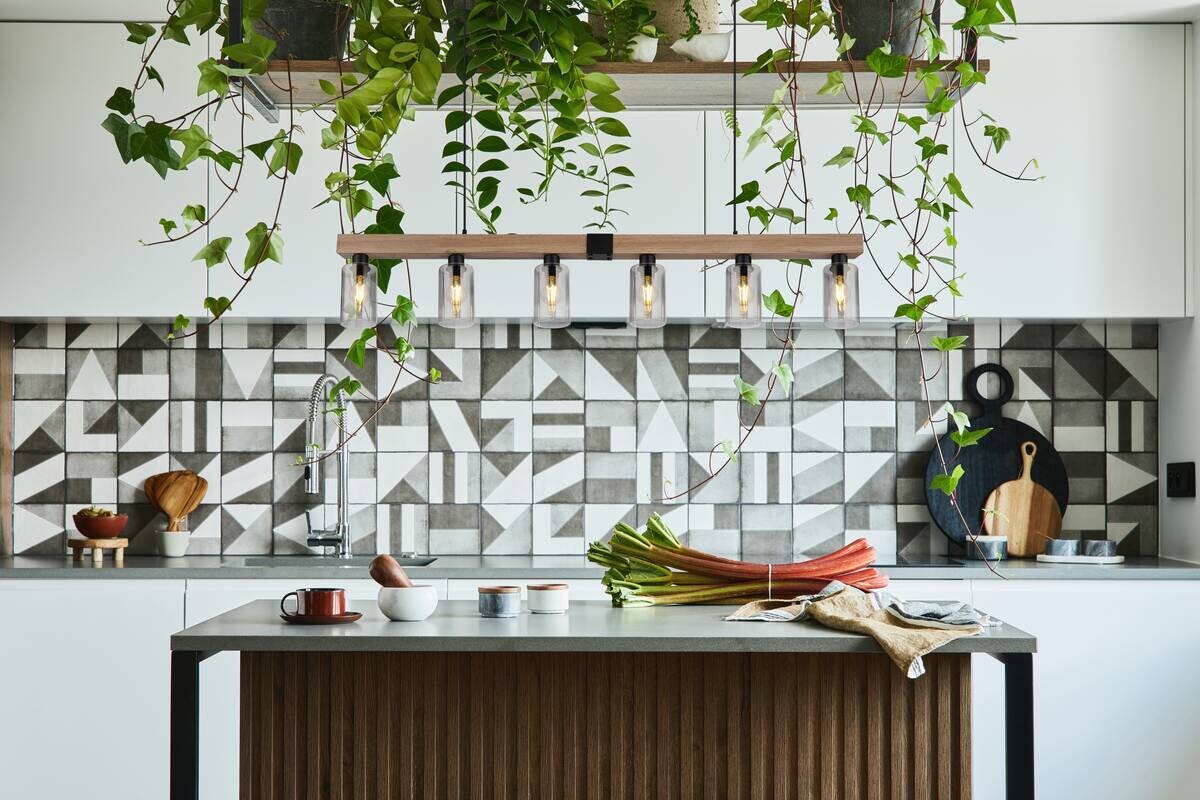 GLOBO Pendelleuchte Hadera 15465-6H schwarz Metall MDF Rauchglas B: ca. 140 cm E27 6 Brennstellen