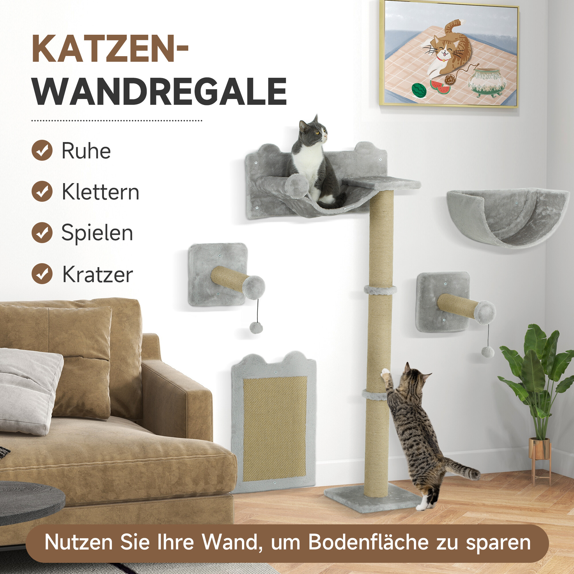 PawHut Katzen Kletterwand hellgrau Spanplatte B/H/L: ca. 32x140x60 cm