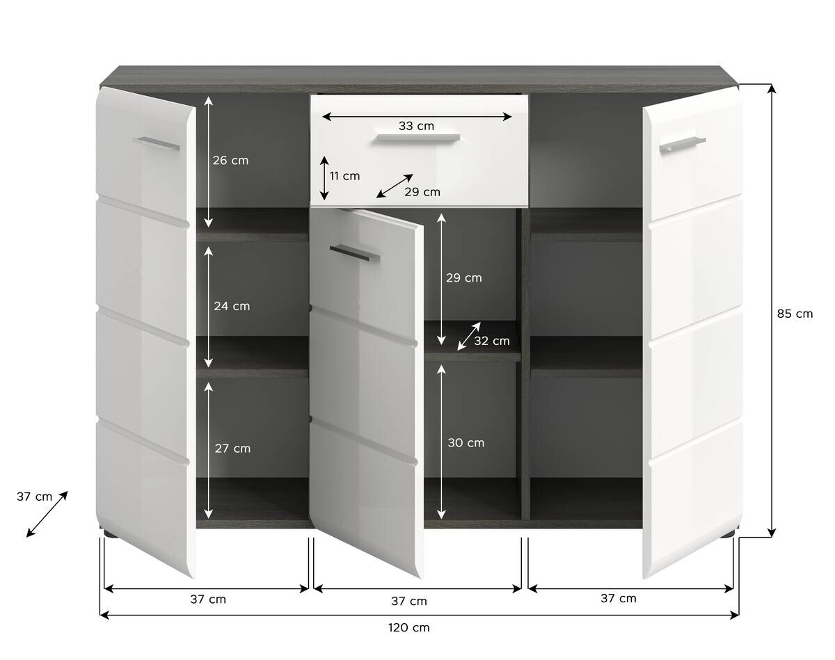 Kommode SALSA Rauchsilber Nachbildung weiß Hochglanz B/H/T: ca. 120x85x37 cm