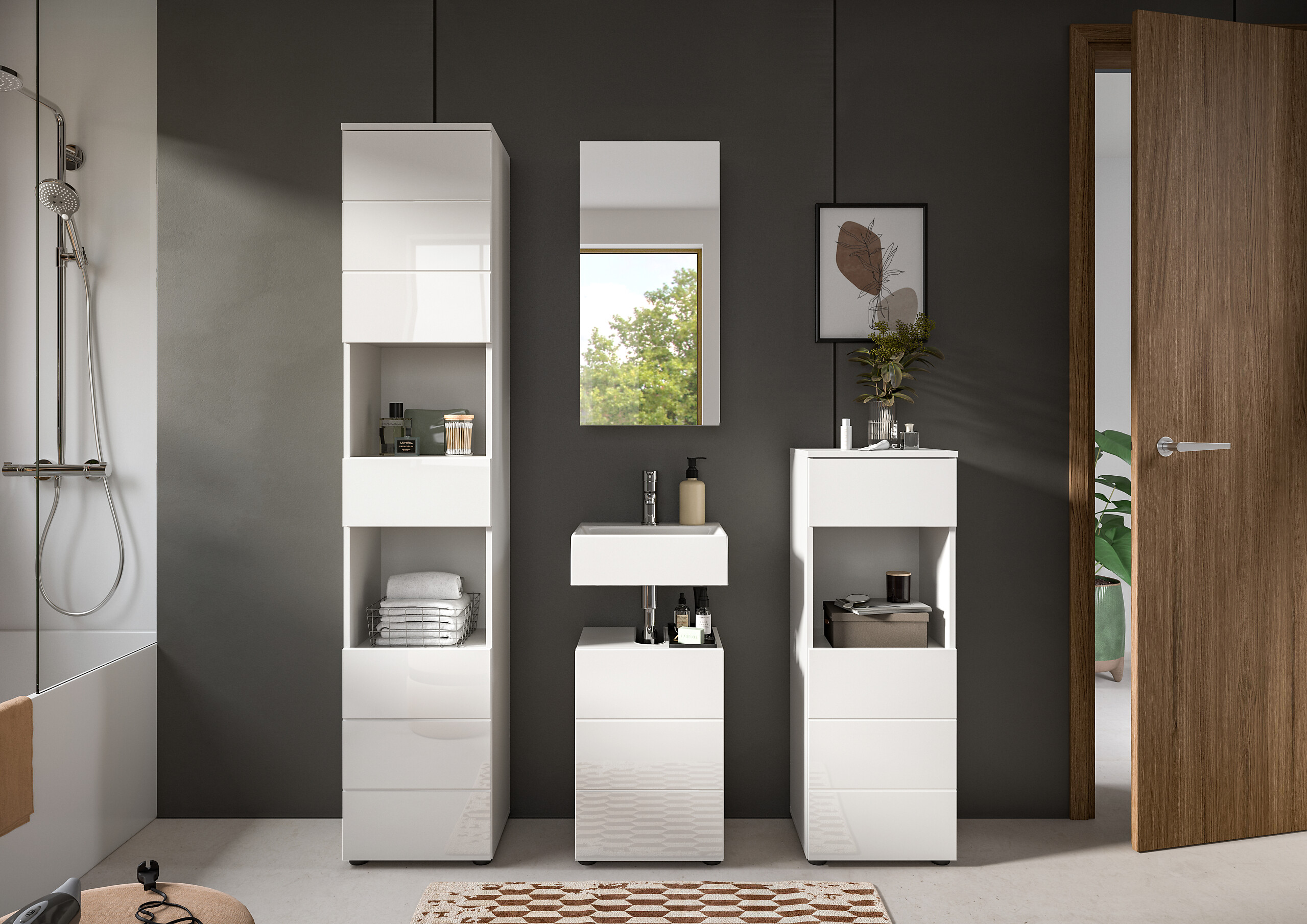 Badezimmer-Set VIRA weiß weiß Hochglanz B/H/T: ca. 144x190x34 cm Badezimmer-Set VIRA weiß weiß Hochglanz B/H/T: ca. 144x190x34 cm