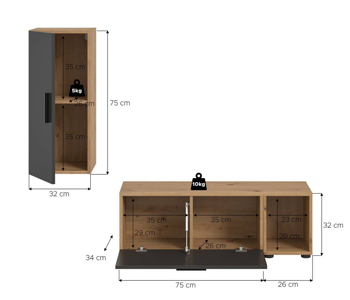 Wohnwand-Set TheOne Eiche Artisan Nachbildung anthrazit B/H/T: ca. 75x32x34 cm