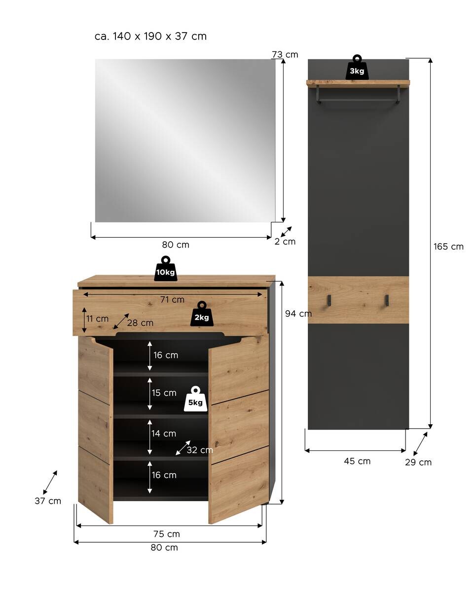 Garderobe Canu basaltgrau Nachbildung Artisan Nachbildung B/H/T: ca. 140x190x37 cm