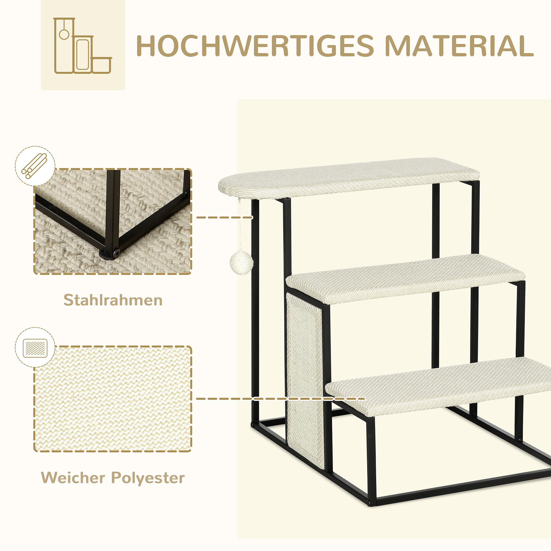 PawHut 3-stufige Haustiertreppe mit Kratzbrett schwarz Edelstahl B/H/L: ca. 54x51x53 cm