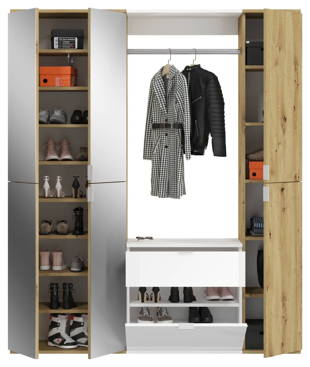 Garderobe PROJEKT Eiche Artisan Nachbildung weiß Hochglanz Spiegel B/H/T: ca. 152x193x34 cm