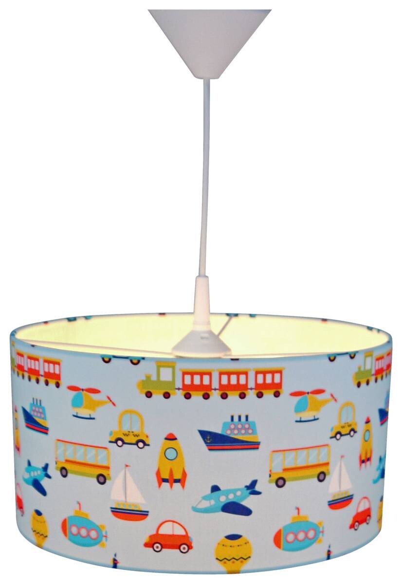 Niermann Pendelleuchte Fahrzeuge blau bunt Textil Metall D: ca. 35 cm E27 1 Brennstellen