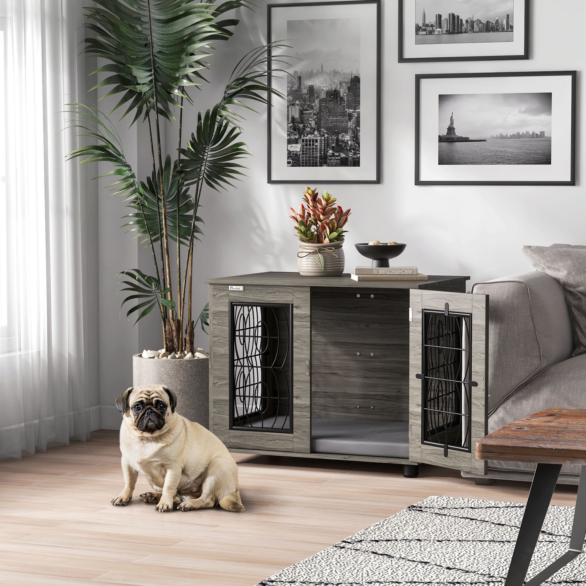 PawHut Hundekäfig grau Spanplatte B/H/L: ca. 56x63x80 cm