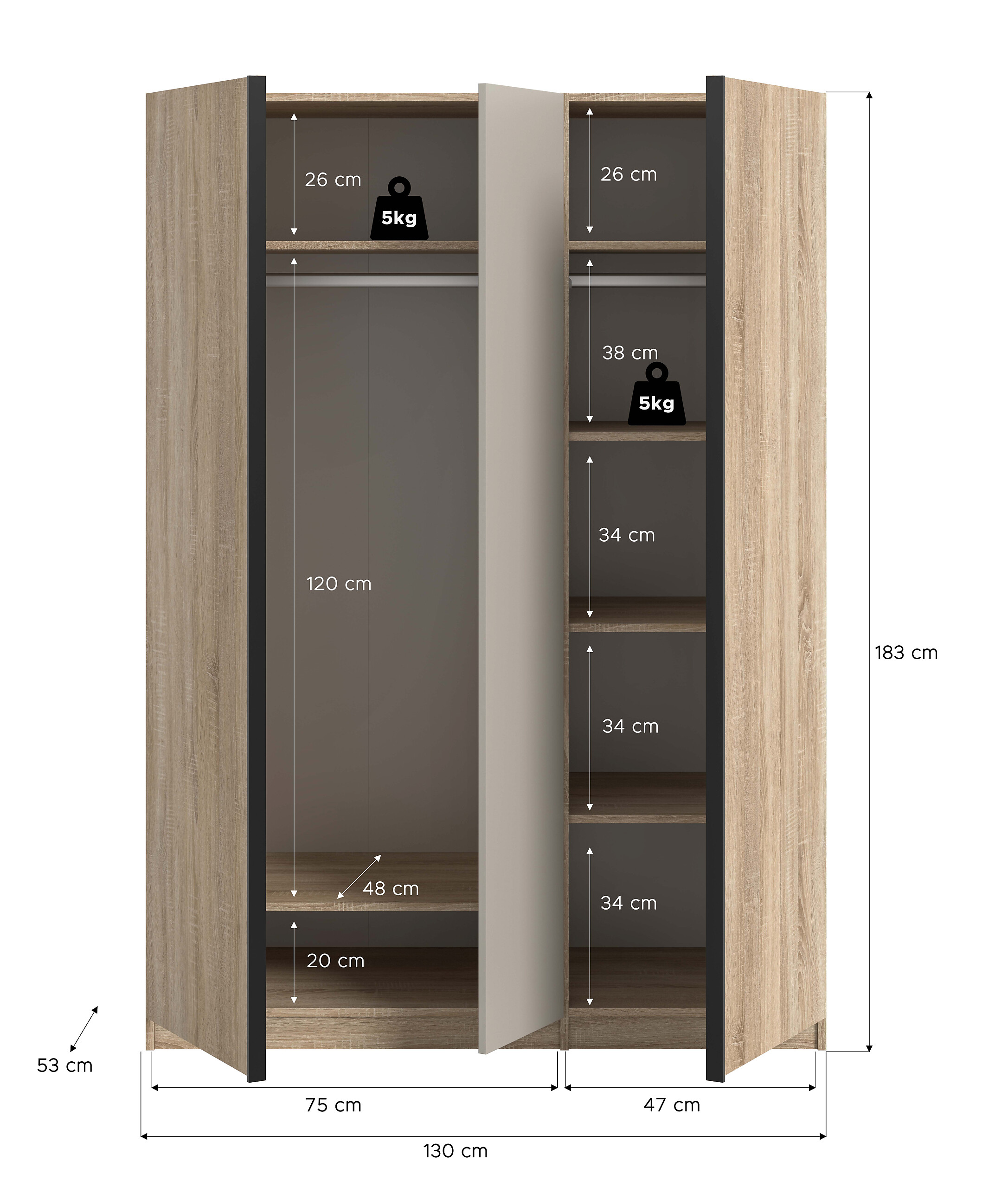 Kleiderschrank OAKLAND Eiche Sonoma Nachbildung Cashmere B/H/T: ca. 130x183x53 cm
