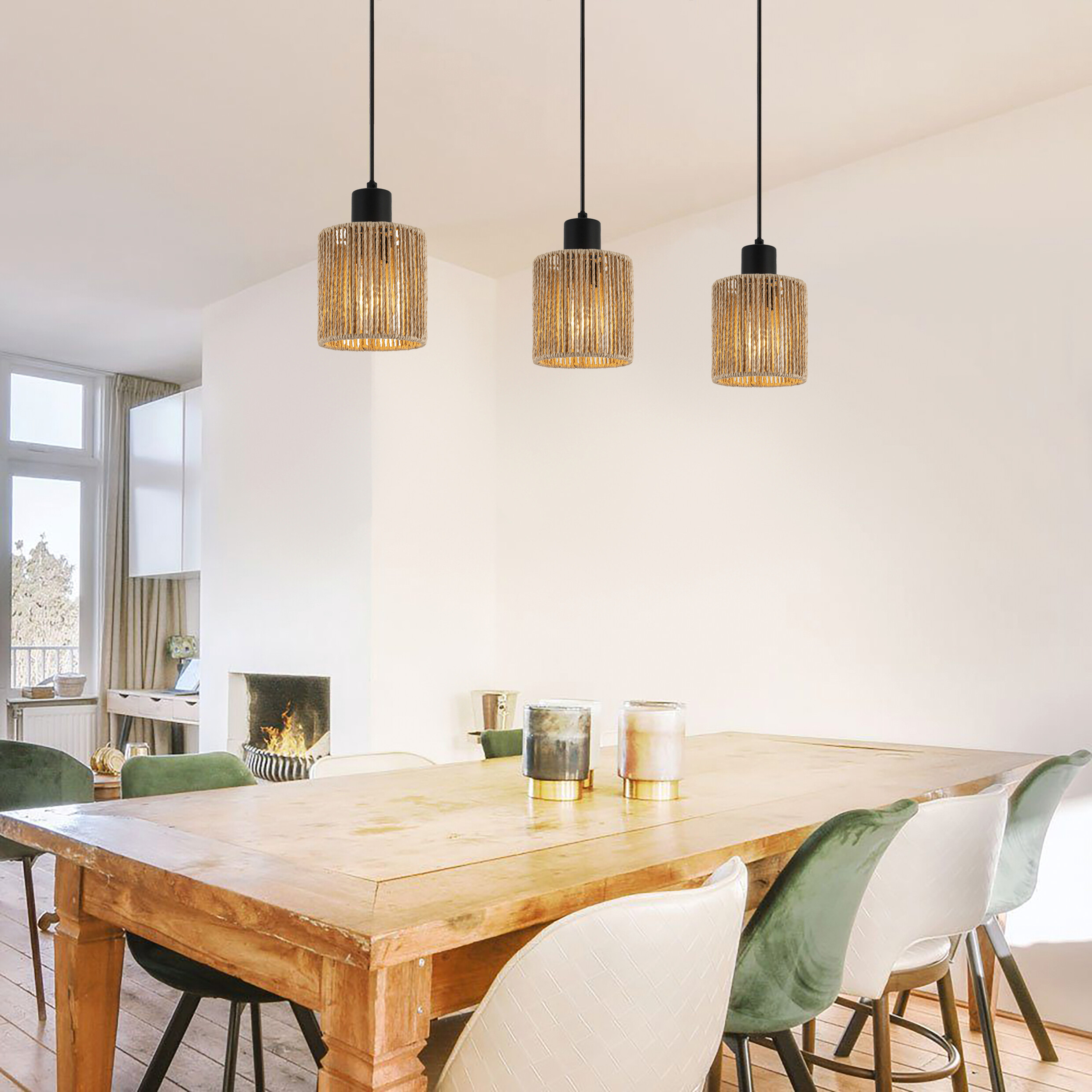 POCOline Pendelleuchte Carta schwarz natur Metall Papier B/H/L: ca. 12x120x64 cm E27 3 Brennstellen