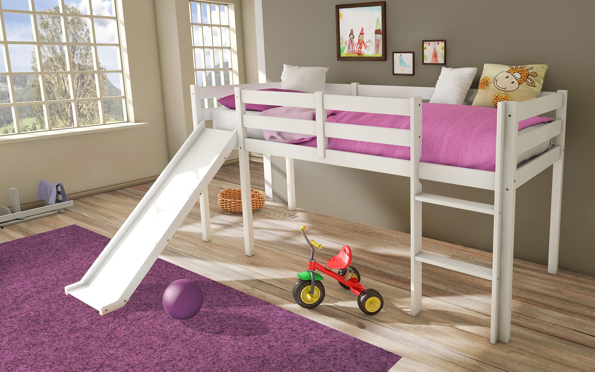 Hochbett mit Rutsche Amir kiefer weiß Liegefläche B/L: ca. 90x200 cm