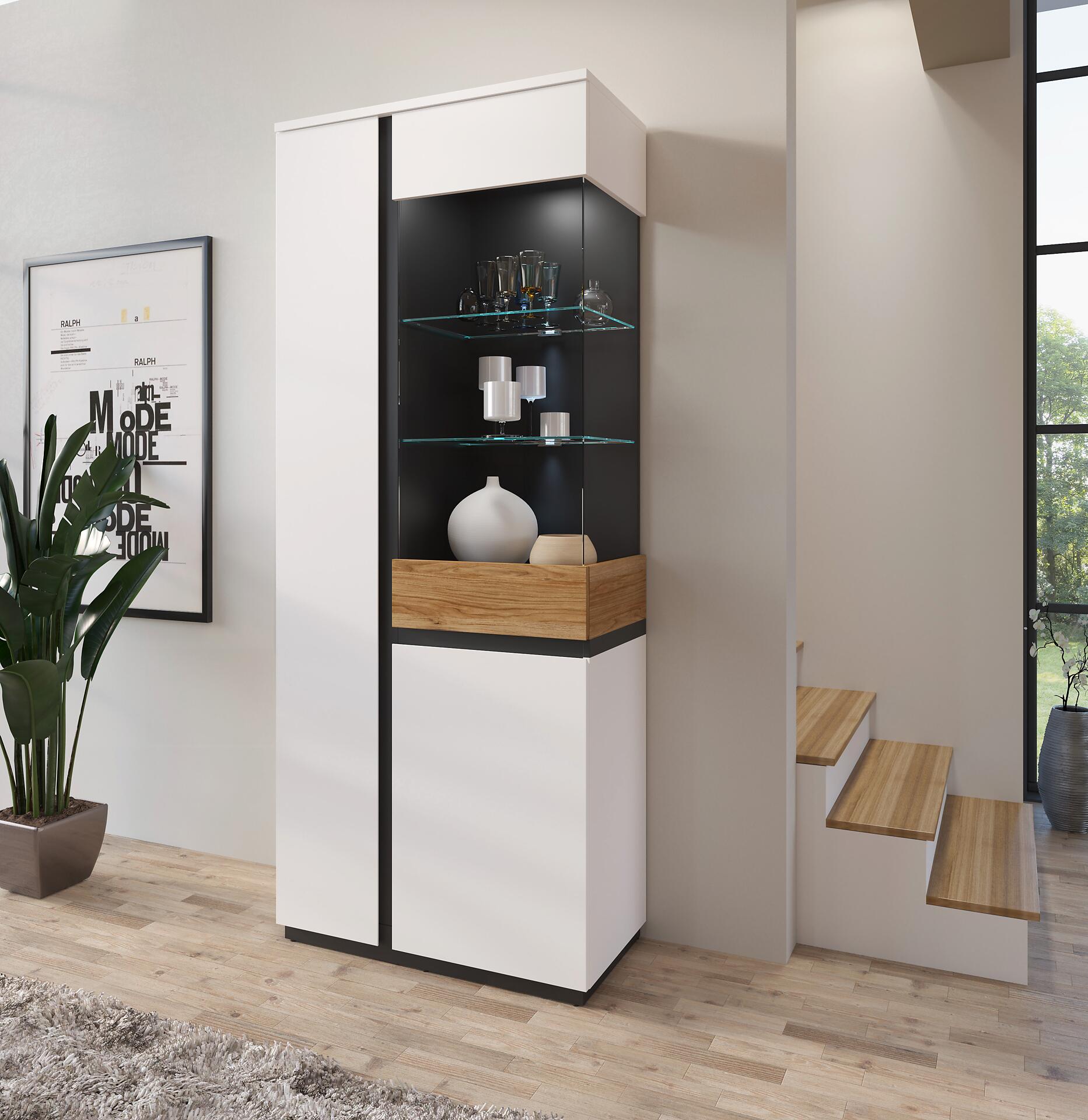 Standvitrine Novena weiß Eiche Catania Nachbildung schwarz matt B/H/T: ca. 84x200x40 cm Standvitrine Novena weiß Eiche Catania Nachbildung schwarz matt B/H/T: ca. 84x200x40 cm