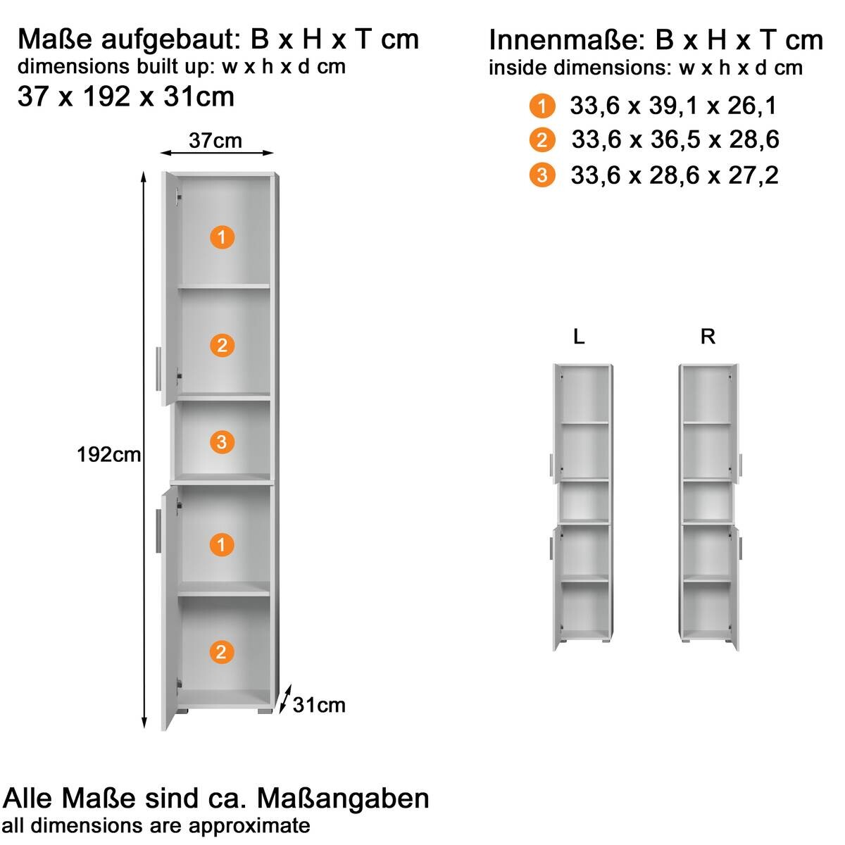Hochschrank Wons weiß Hochglanz weiß matt B/H/T: ca. 37x192x31 cm