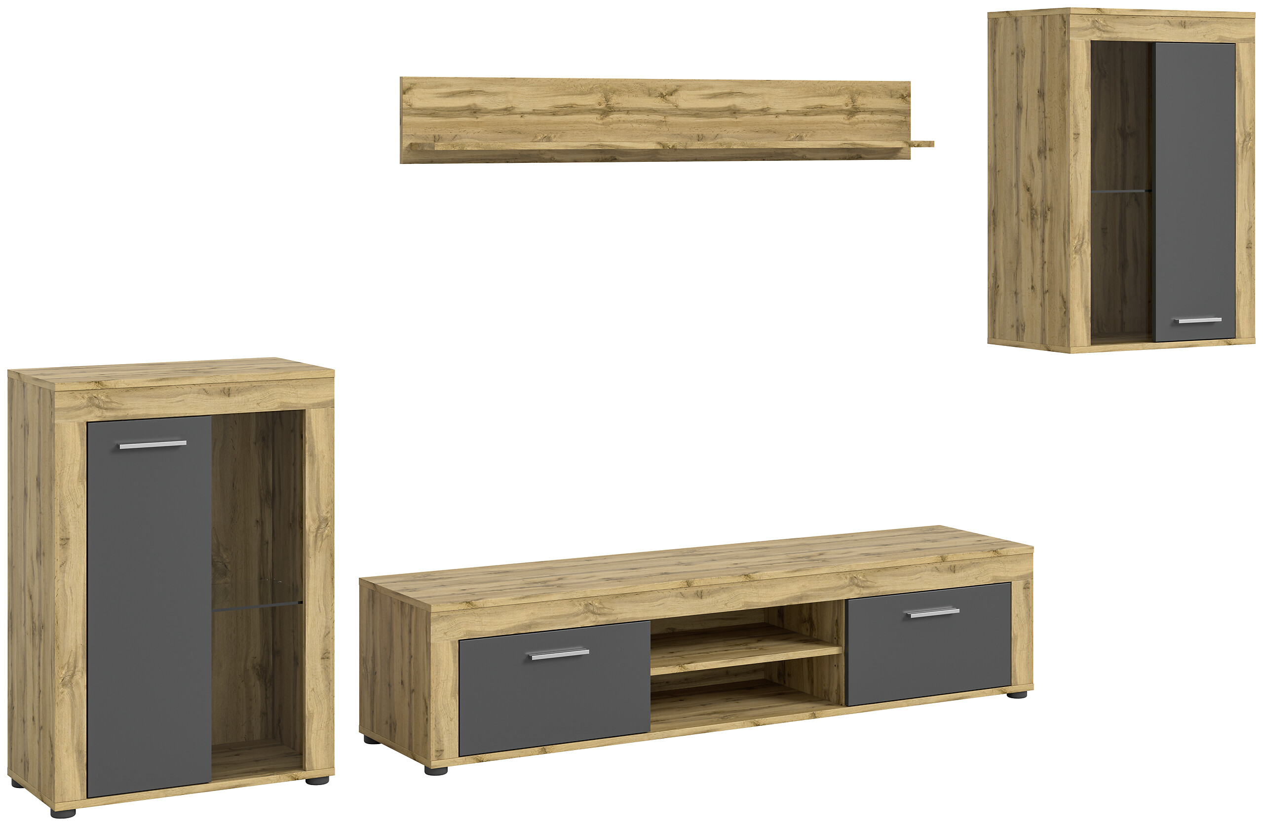 Wohnwand Jam Eiche Wotan Nachbildung grau B/H/T: ca. 310x169x35 cm