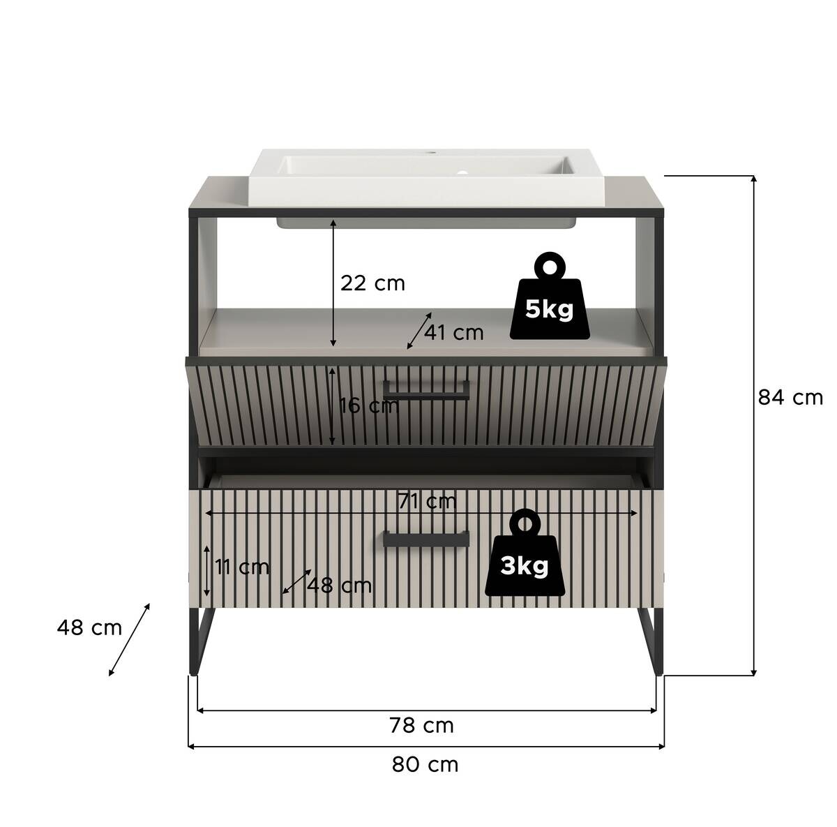 Waschplatz BAGNO schwarz Kaschmirgrau Nachbildung B/H/T: ca. 80x84x48 cm