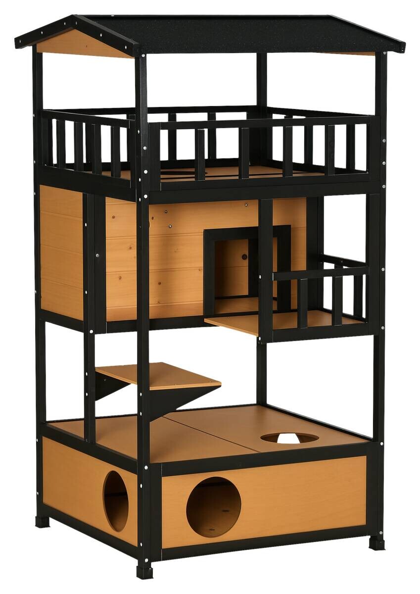 PawHut Katzenhaus schwarz Holz B/H/L: ca. 75x137x75,5 cm