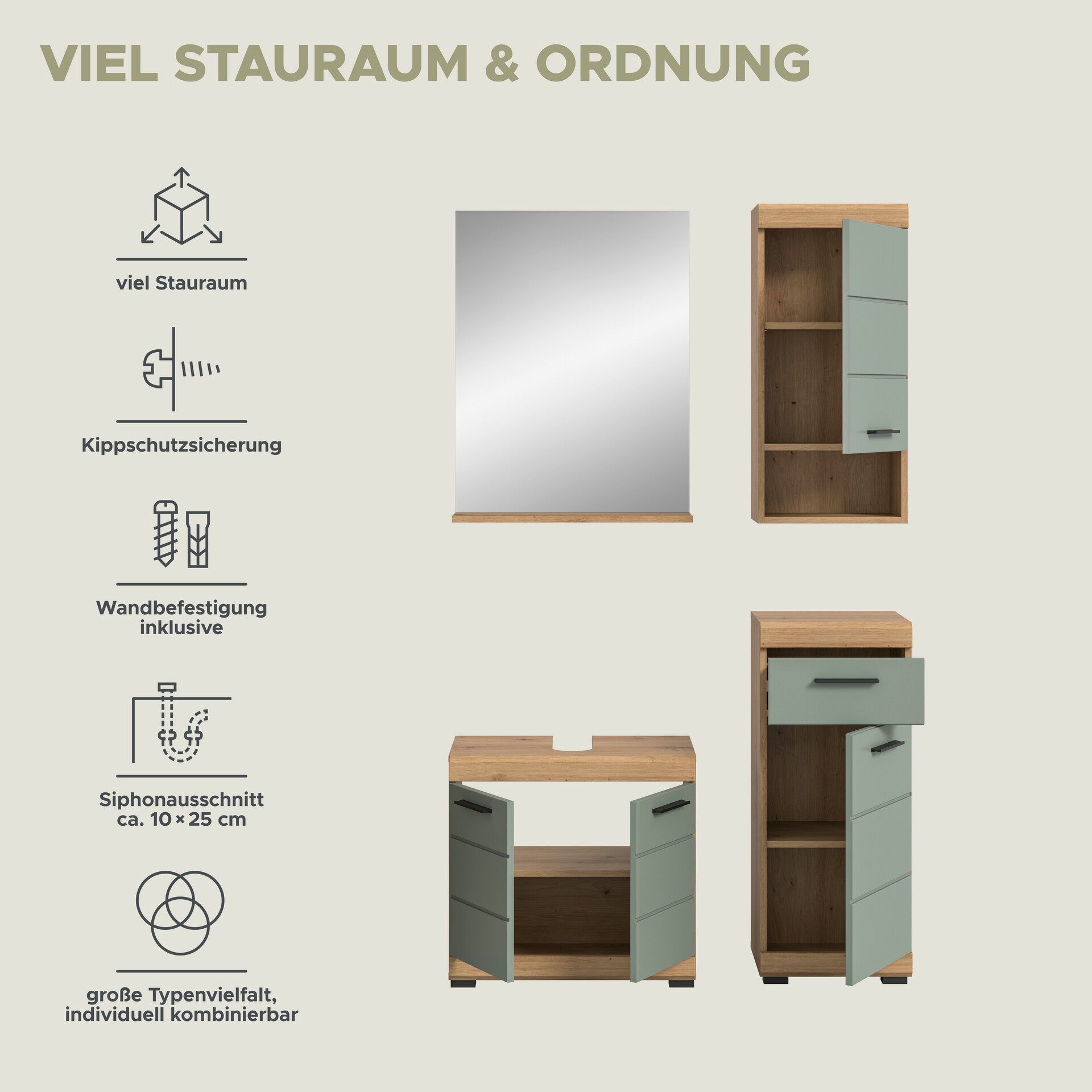 Badezimmer-Set Scout Eiche Artisan Nachbildung salbei Nachbildung B/H/T: ca. 112x191x34 cm