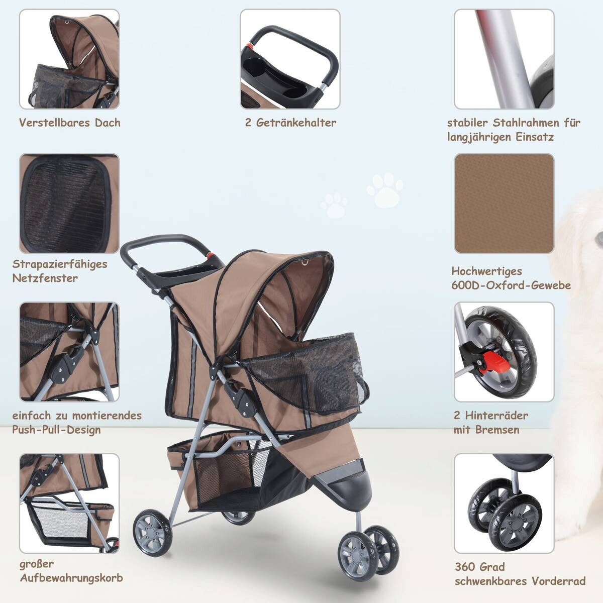 PawHut Hundebuggy kaffee Kunststoff B/H/L: ca. 45x97x75 cm